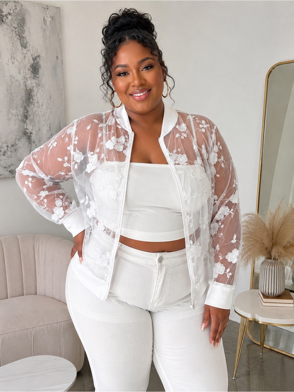 Unbranded White Floral Sheer Embroidered Bomber Jacket XXL BNWOT
